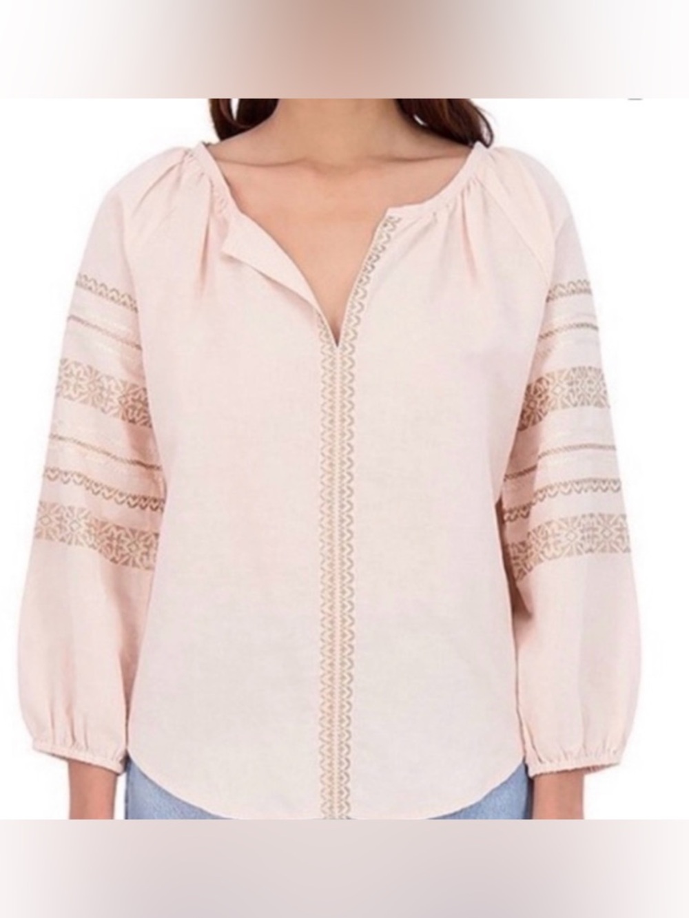 Roller Rabbit Light Blush Embroidered Long Sleeve Linen Peasant Top size XS